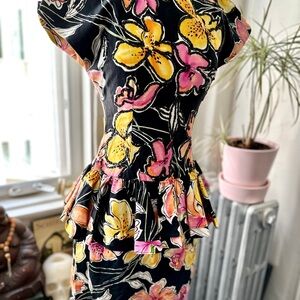 80s Vintage Saks Fifth Avenue BH Black,Pink, Orange CUTE PEPLUM floral Dress
